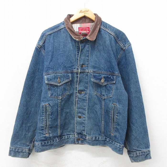 XL★古着 マルボロ 長袖 ジージャン メンズ 90年代 90s 襟レザー コットン USA製 濃紺 ネイビー デニム 【spe】 25may12 中古 アウター Gジャン ジャケット