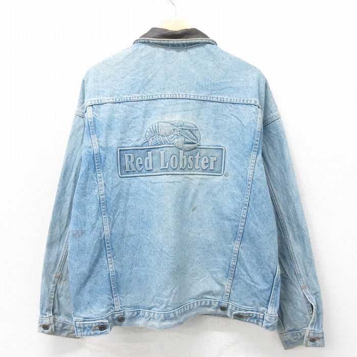【50%OFF】XL★古着 長袖 ジージャン メンズ 90年代 90s レッドロブスター 襟レザー コットン USA製 紺 ネイビー デニム 25may12 中古 アウター Gジャン ジャケット