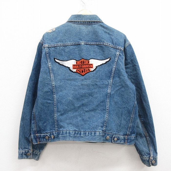 L★古着 長袖 ジージャン メンズ 90年代 90s ハーレーダビッドソン Harley Davidson 紺 ネイビー デニム 25jul28 中古 アウター Gジャン ジャケット