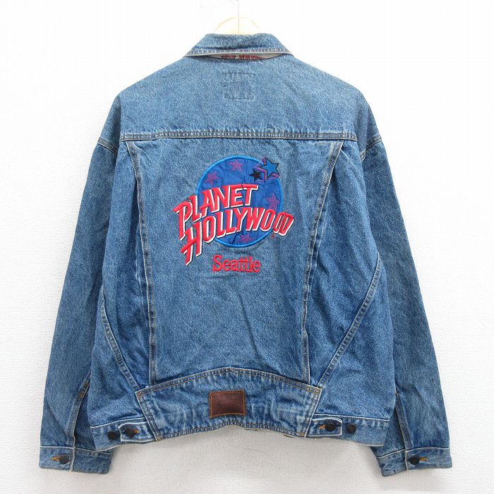 XL★古着 長袖 ジージャン メンズ 90年代 90s プラネットハリウッド 刺繍 コットン 紺 ネイビー デニム 25aug09 中古 アウター Gジャン ジャケット