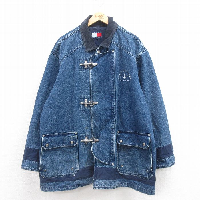 XL★古着 トミーヒルフィガー TOMMY HILFIGER 長袖 ブランド デニム ファイヤーマン ジャケット メンズ 90年代 90s 大きいサイズ ロング丈 襟コーデュロイ コットン 紺 ネイビー 【spe】 25aug23 中古 アウター