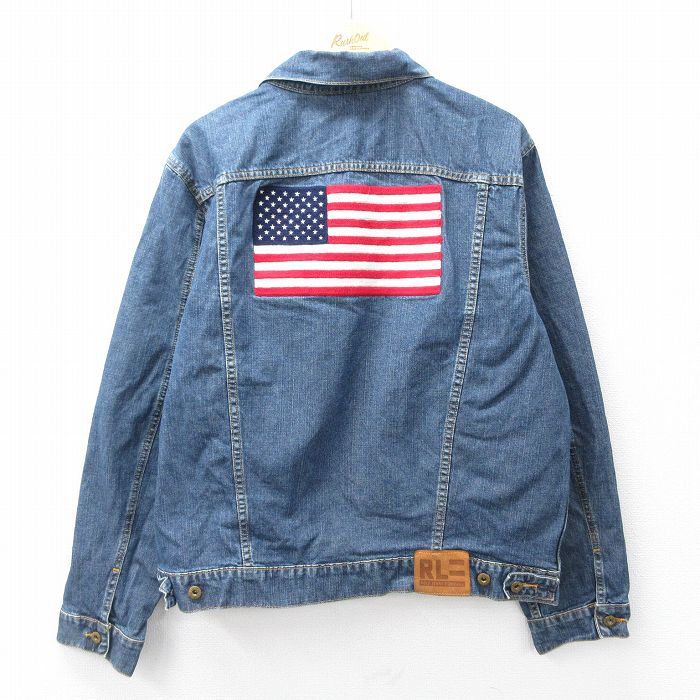 XL★古着 ラルフローレン Ralph Lauren ポロジーンズ 長袖 ブランド ジージャン ジャケット メンズ 星条旗 コットン 濃紺 ネイビー デニム 【spe】 25sep27 中古 アウター Gジャン