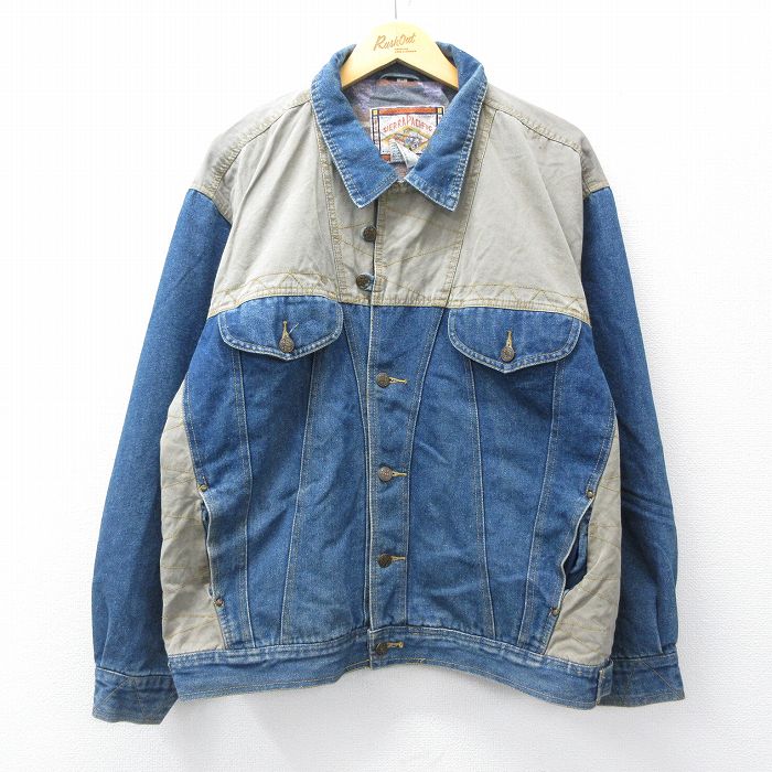 XL★古着 長袖 ジージャン メンズ 90年代 90s ツートンカラー 大きいサイズ コットン 紺 ネイビー デニム他 内側フランネル 25oct16 中古 アウター Gジャン デニム ジャケット