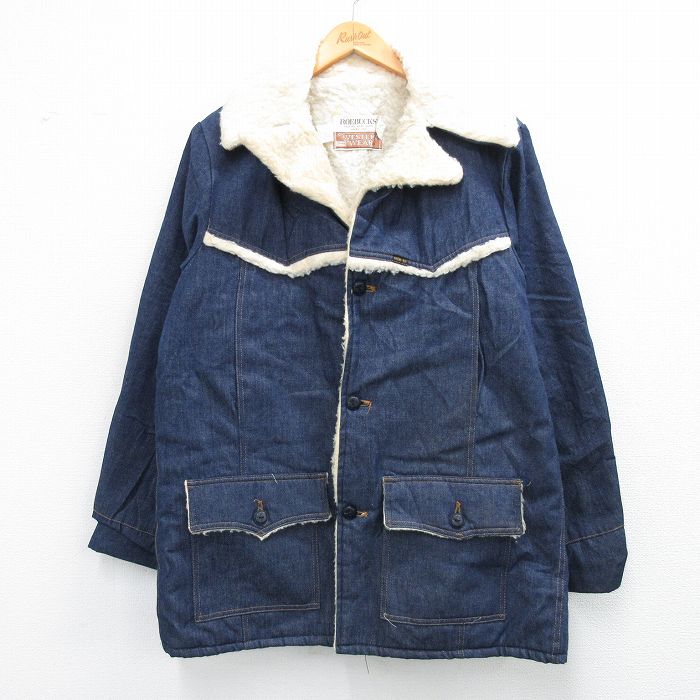 XL★古着 シアーズ 長袖 ボア デニム ジャケット メンズ 80年代 80s ロング丈 開襟 オープンカラー USA製 濃紺 ネイビー 内側ボア 25oct21 中古 アウター