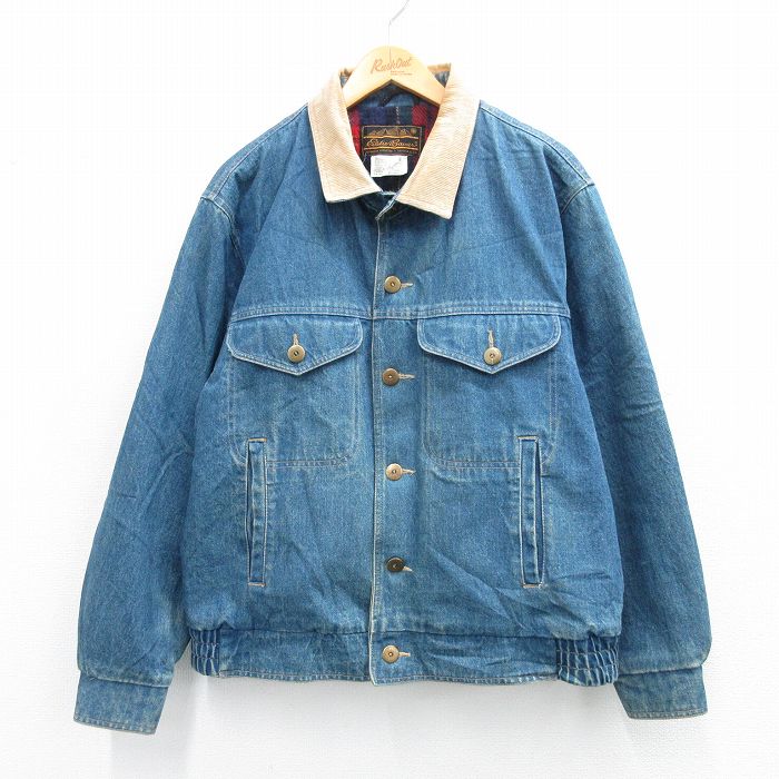 XL★古着 エディーバウアー 長袖 ジージャン メンズ 90年代 90s 襟コーデュロイ ロング丈 コットン 紺 ネイビー デニム 内側ウール 【spe】 25oct21 中古 アウター Gジャン ジャケット