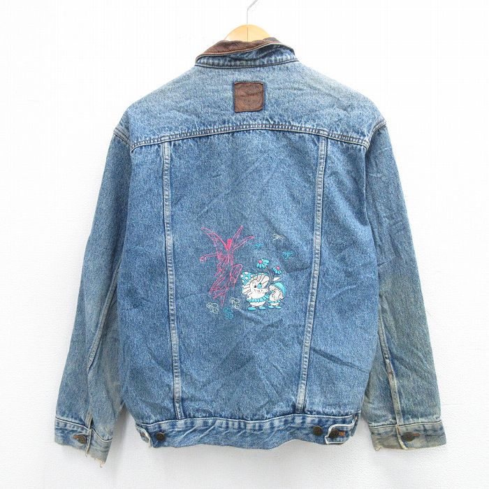 L★古着 マルボロ 長袖 ジージャン メンズ 90年代 90s キノコ 妖精 刺繍 襟レザー 紺 ネイビー デニム 25oct21 中古 アウター Gジャン ジャケット