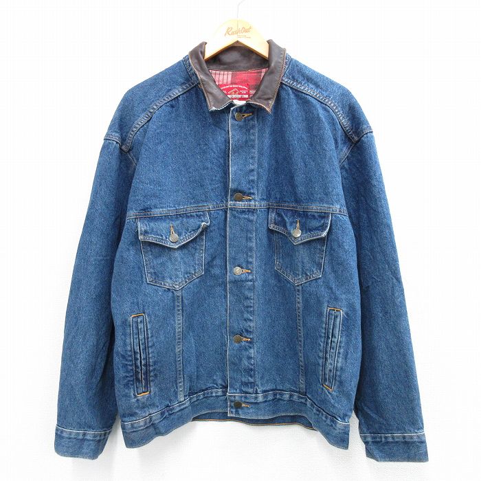 L★古着 マルボロ 長袖 ジージャン メンズ 90年代 90s 襟レザー コットン 紺 ネイビー デニム 【spe】 25oct21 中古 アウター Gジャン ジャケット