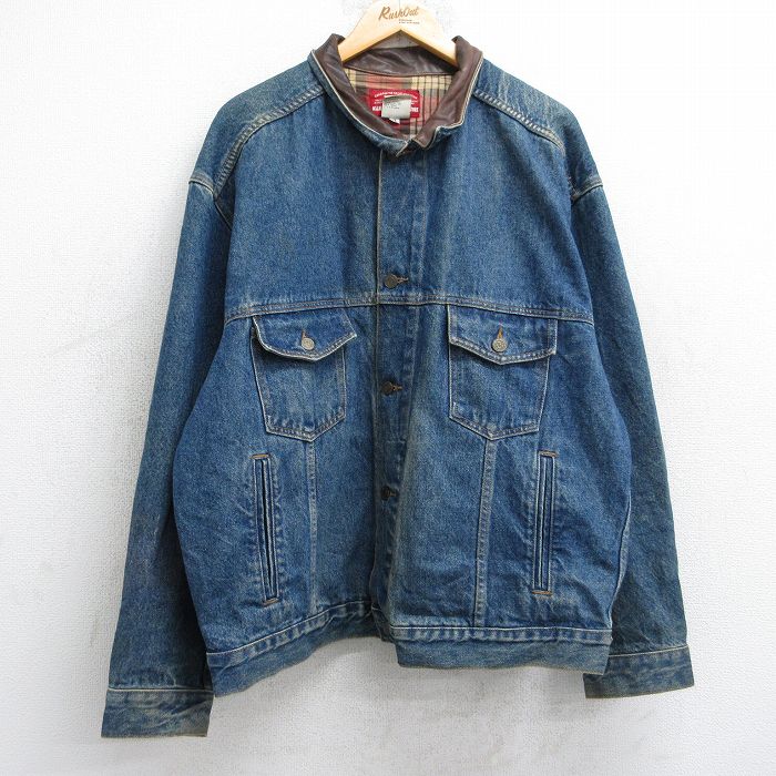 XL★古着 マルボロ 長袖 ジージャン メンズ 90年代 90s 襟レザー 大きいサイズ コットン USA製 紺 ネイビー デニム 25oct21 中古 アウター Gジャン ジャケット