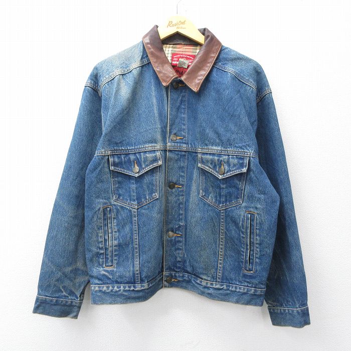 【20%OFF】XL★古着 マルボロ 長袖 ジージャン メンズ 90年代 90s 襟レザー コットン 紺 ネイビー デニム他 25nov05 中古 アウター Gジャン デニム ジャケット