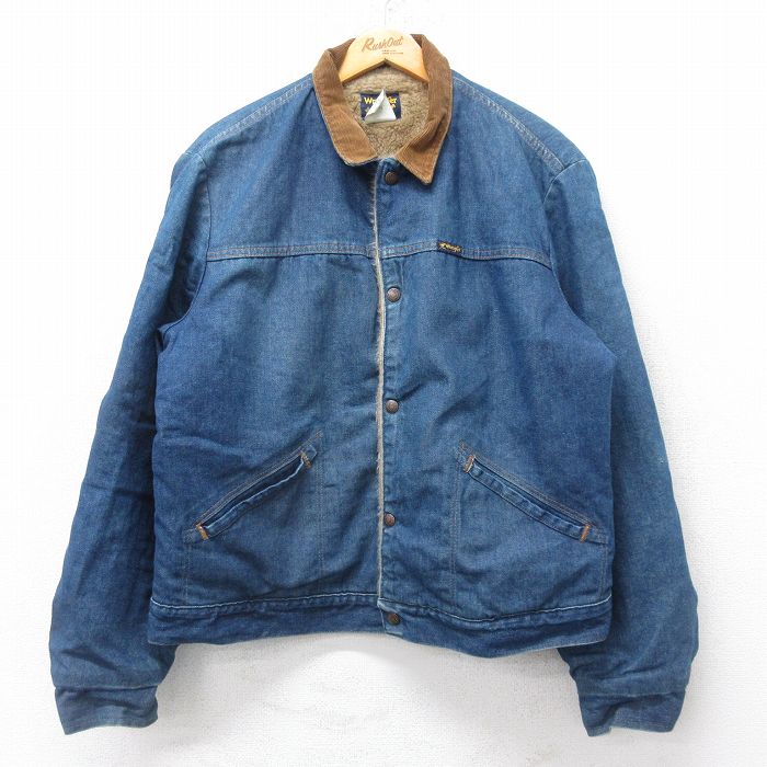XL★古着 ラングラー 長袖 ジージャン メンズ 80年代 80s 襟コーデュロイ コットン USA製 紺 デニム 内側ファー 25dec12