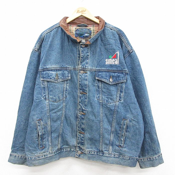XL★古着 長袖 ジージャン メンズ 00年代 00s Smeal 襟レザー 大きいサイズ コットン 紺 デニム他 26jan09