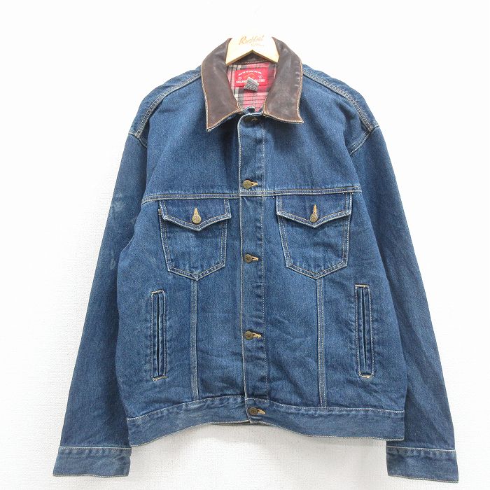XL★古着 マルボロ 長袖 ジージャン メンズ 90年代 90s 襟レザー 大きいサイズ コットン 紺 デニム他【spe】 26feb02