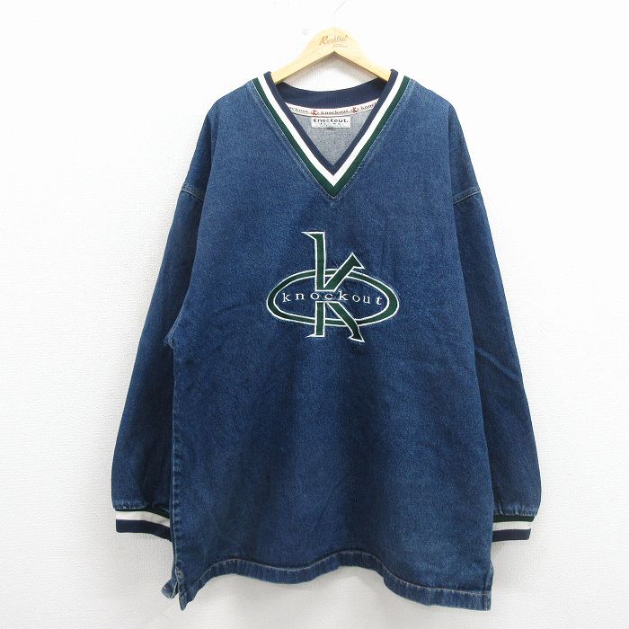 XL★古着 Knockout 長袖 デニム ジャケット メンズ 90年代 90s 刺繍 大きいサイズ ロング丈 コットン USA製 紺【spe】 26mar12