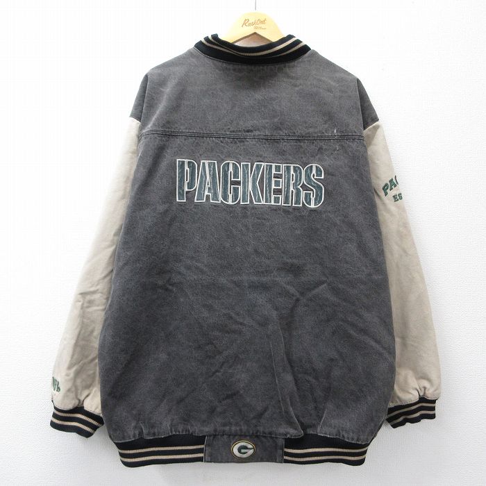 XL★古着 長袖 デニム ジャケット スタジャン メンズ NFL グリーンベイパッカーズ 刺繍 大きいサイズ ロング丈 コットン 黒 デニム他 アメフト スーパーボウル 内側キルティング 26apr04