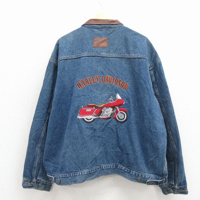 XL★古着 長袖 ジージャン メンズ 00年代 00s ハーレーダビッドソン 刺繍 大きいサイズ 襟レザー コットン 紺 デニム【spe】 26apr30
