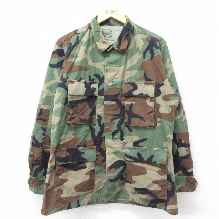 【50%OFF】L★古着 長袖 ミリタリー ジャケット メンズ 90年代 90s ステンシル コンバット リップストップ ウッドランドカモ USA製 緑 グリーン 迷彩 23sep16 中古 アウター フライト
