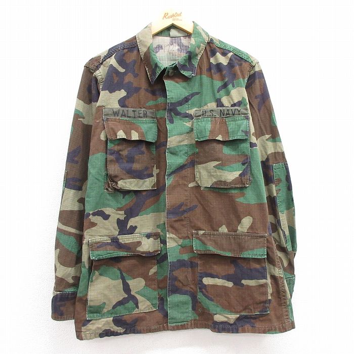 L★古着 長袖 ミリタリー ジャケット メンズ USネイビー コンバット リップストップ ウッドランドカモ コットン 緑 グリーン 迷彩 24may13 中古 アウター フライト