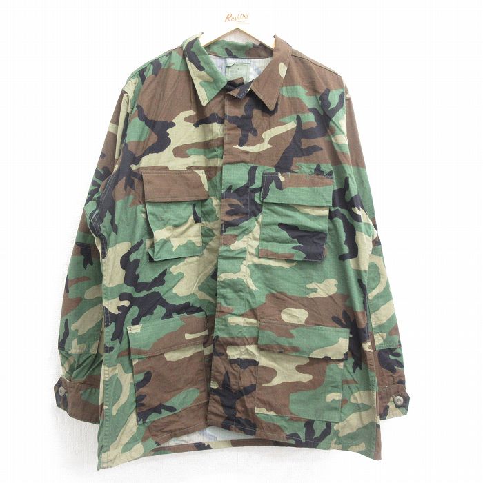 XL★古着 長袖 ミリタリー ジャケット メンズ 90年代 90s コンバット リップストップ ウッドランドカモ 大きいサイズ ロング丈 USA製 緑他 グリーン 迷彩 24sep04 中古 アウター フライト
