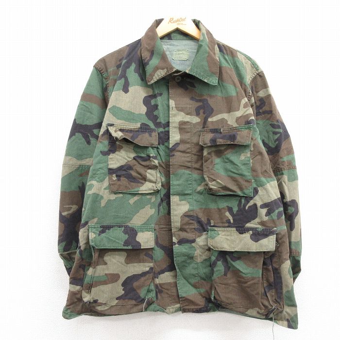 XL★古着 長袖 ミリタリー ジャケット メンズ 80年代 80s コンバット ウッドランドカモ USA製 緑 グリーン 迷彩 24sep17 中古 アウター フライト