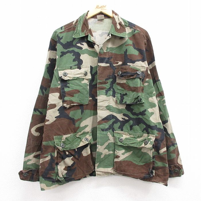 【20%OFF】L★古着 長袖 ミリタリー ジャケット メンズ 90年代 90s リップストップ ウッドランドカモ コットン 開襟 オープンカラー USA製 緑 グリーン 迷彩 24sep17 中古 アウター フライト