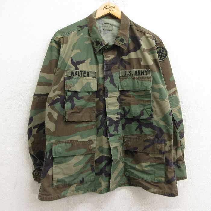 L★古着 長袖 ミリタリー ジャケット メンズ 90年代 90s コンバット ウッドランドカモ USアーミー ARMY ヒジ当て USA製 濃緑 グリーン 迷彩 24sep20 中古 アウター フライト