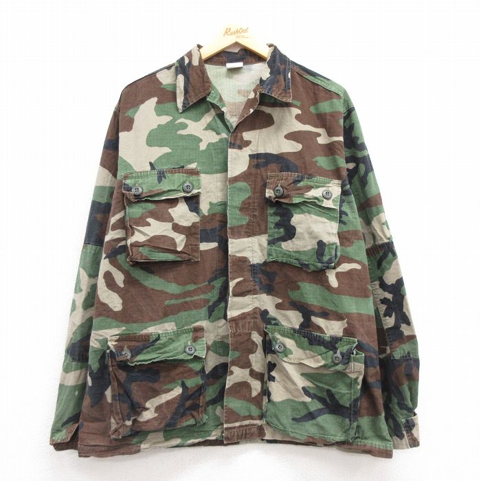 【20%OFF】L★古着 長袖 ミリタリー ジャケット メンズ 90年代 90s リップストップ ウッドランドカモ コットン 開襟 オープンカラー USA製 緑他 グリーン 迷彩 24oct15 中古 アウター フライト
