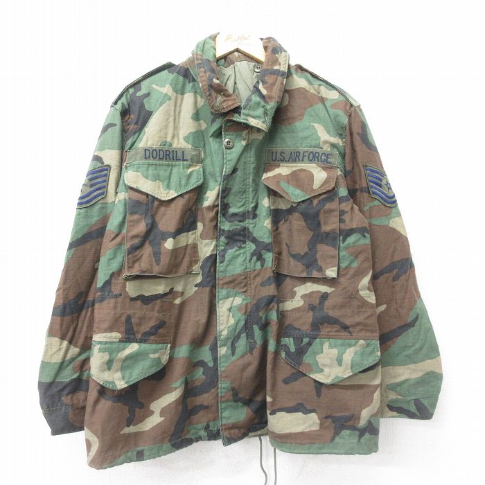 【20%OFF】L★古着 長袖 ミリタリー フィールド ジャケット メンズ 80年代 80s M-65 USエアフォース ウッドランドカモ USA製 緑他 グリーン 迷彩 24oct16 中古 アウター フライト