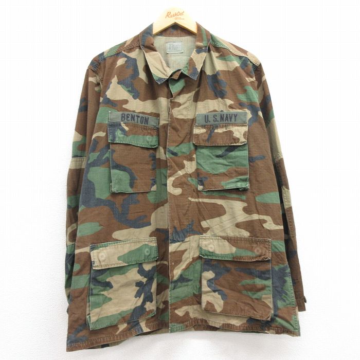 【20%OFF】L★古着 長袖 ミリタリー ジャケット メンズ 80年代 80s USネイビー コンバット リップストップ ウッドランドカモ コットン USA製 緑 グリーン 迷彩 24oct24 中古 アウター フライト