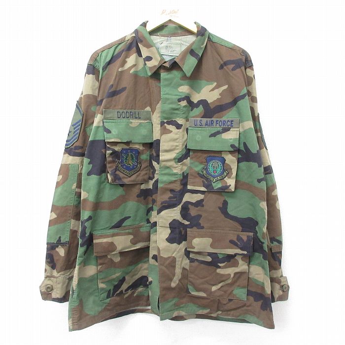 XL★古着 長袖 ミリタリー ジャケット メンズ 90年代 90s USエアフォース コンバット ウッドランドカモ USA製 緑 グリーン 迷彩 24oct25 中古 アウター フライト