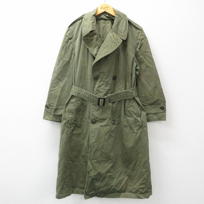 L★古着 長袖 ビンテージ ミリタリー オーバー コート メンズ 50年代 50s ロング丈 コットン 濃緑 グリーン 24nov14 中古 アウター