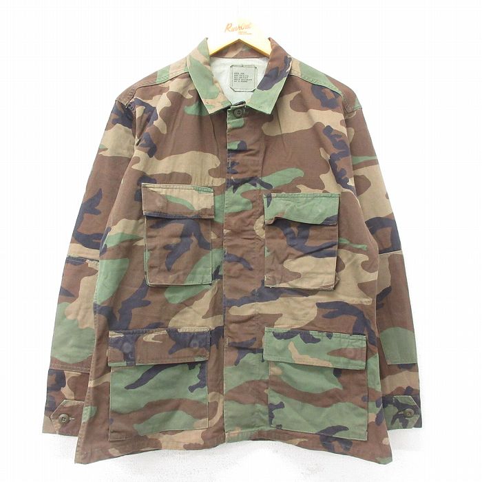 【20%OFF】L★古着 長袖 ミリタリー ジャケット メンズ 90年代 90s コンバット ウッドランドカモ USA製 緑 グリーン 迷彩 24dec05 中古 アウター フライト