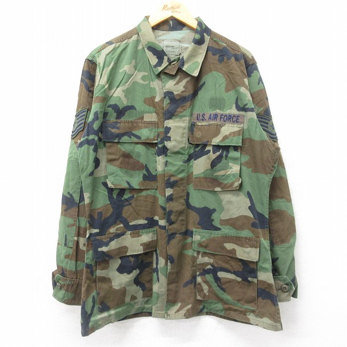 【20%OFF】L★古着 長袖 ミリタリー ジャケット メンズ 00年代 00s USエアフォース コンバット ウッドランドカモ USA製 緑 グリーン 迷彩 24dec05 中古 アウター フライト