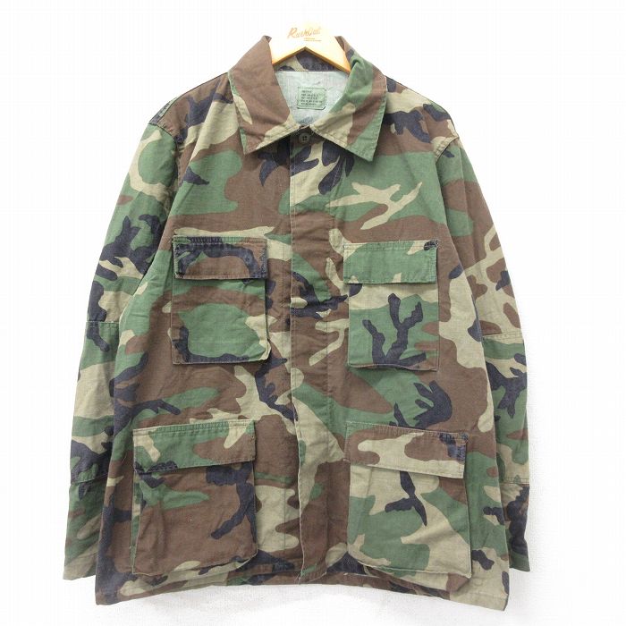 XL★古着 長袖 ミリタリー ジャケット メンズ 80年代 80s コンバット ウッドランドカモ USA製 緑 グリーン 迷彩 24dec05 中古 アウター フライト