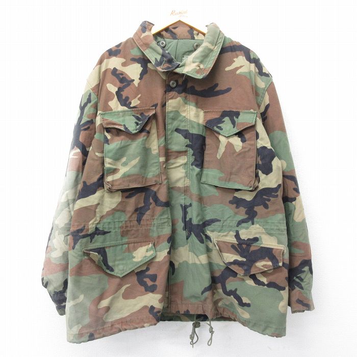 XL★古着 長袖 ミリタリー フィールド ジャケット メンズ 90年代 90s M-65 ウッドランドカモ 大きいサイズ ロング丈 USA製 緑系 グリーン 迷彩 24dec10 中古 アウター フライト