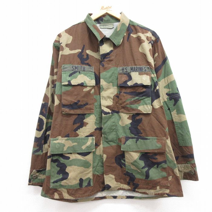 【20%OFF】L★古着 長袖 ミリタリー ジャケット メンズ 90年代 90s USマリーンズ コンバット リップストップ ウッドランドカモ USA製 緑他 グリーン 迷彩 24dec17 中古 アウター フライト