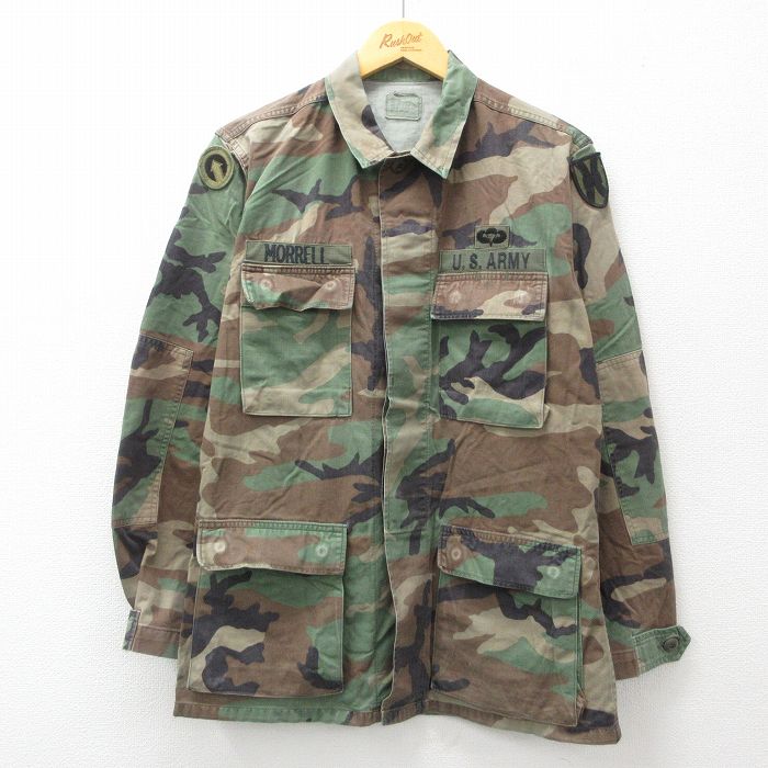 【20%OFF】M★古着 長袖 ミリタリー ジャケット メンズ 80年代 80s USアーミー パラシュート部隊 コンバット ウッドランドカモ USA製 茶他 ブラウン 迷彩 24dec21 中古 アウター フライト