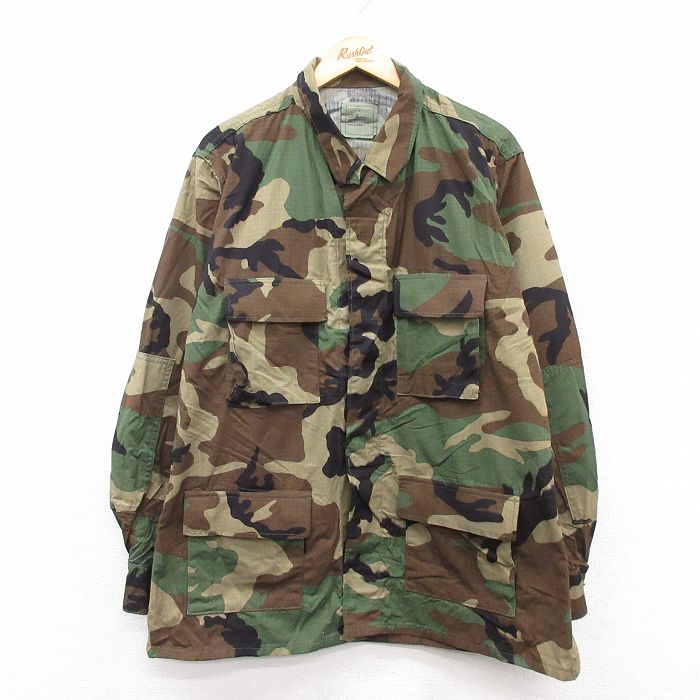 【50%OFF】XL★古着 長袖 ミリタリー ジャケット メンズ 90年代 90s コンバット リップストップ ウッドランドカモ 大きいサイズ ロング丈 USA製 茶他 ブラウン 迷彩 24dec24 中古 アウター フライト