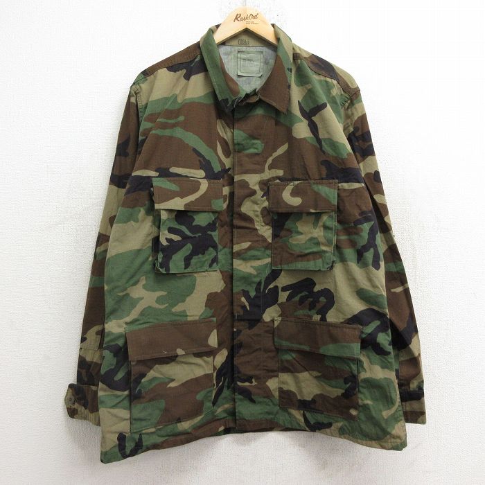 XL★古着 長袖 ミリタリー ジャケット メンズ 90年代 90s コンバット ウッドランドカモ リップストップ USA製 濃緑他 グリーン 迷彩 24dec24 中古 アウター フライト