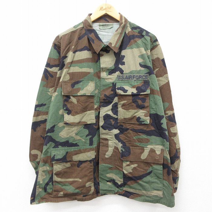 XL★古着 長袖 ミリタリー ジャケット メンズ 90年代 90s USエアフォース コンバット ウッドランドカモ USA製 緑 グリーン 迷彩 25jan16 中古 アウター フライト