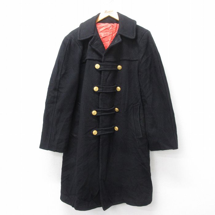 M★古着 長袖 ミリタリー コート メンズ 80年代 80s ロング丈 ウール 黒 ブラック 25feb03 中古 アウター