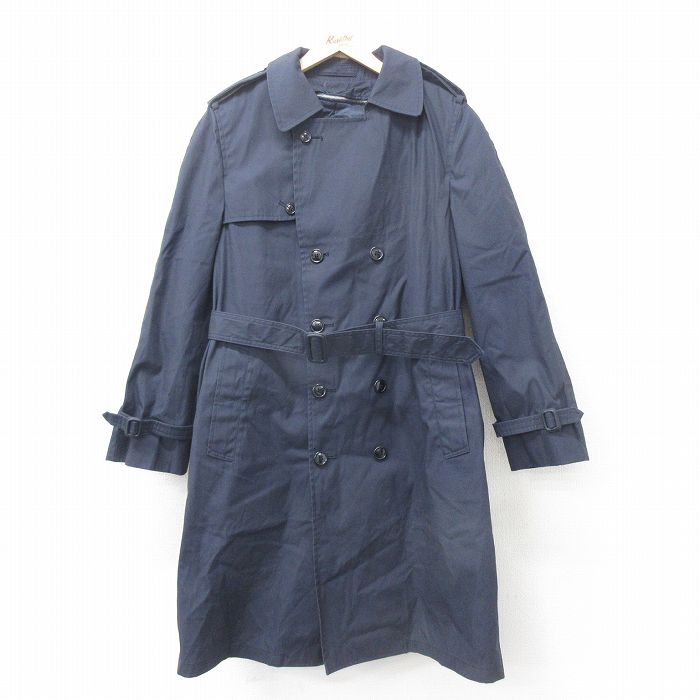 L★古着 長袖 ミリタリー トレンチ コート メンズ ロング丈 USA製 紺 ネイビー 25feb10 中古 アウター