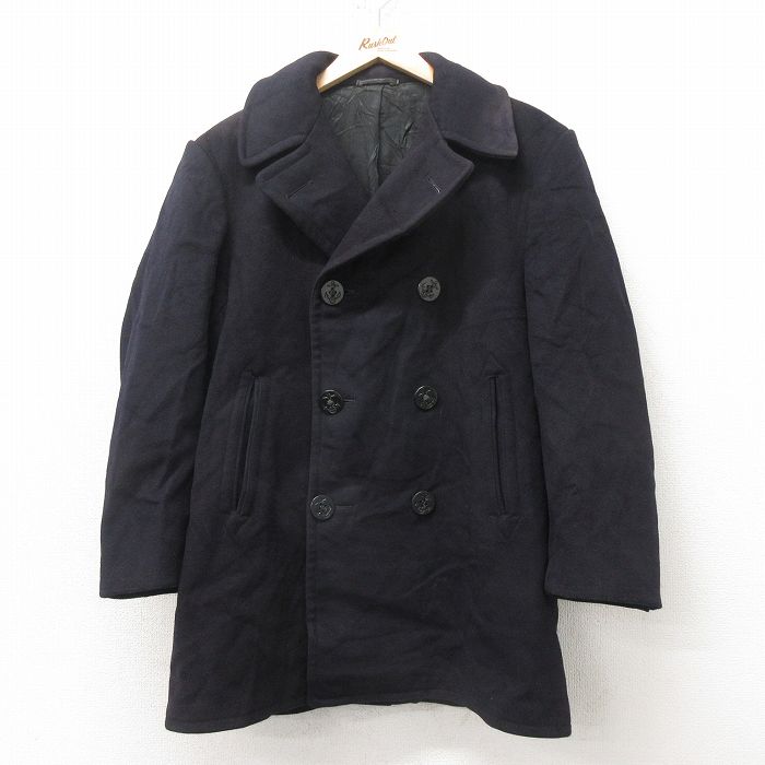 M★古着 長袖 ビンテージ ミリタリー ピーコート メンズ 70年代 70s ロング丈 ウール USA製 黒 ブラック ポケット内側コーデュロイ 25feb10 中古 アウター