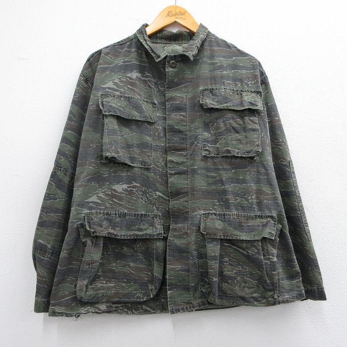 L★古着 長袖 ミリタリー ジャケット メンズ リップストップ タイガーストライプ 緑他 グリーン 迷彩 25feb19 中古 アウター フライト