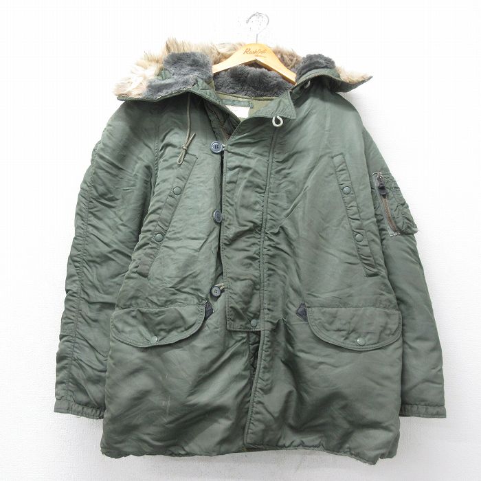 XL★古着 長袖 ミリタリー ジャケット パーカー メンズ 80年代 80s N-3B ラグラン 大きいサイズ ロング丈 USA製 緑 グリーン 25feb26 中古 アウター フライト