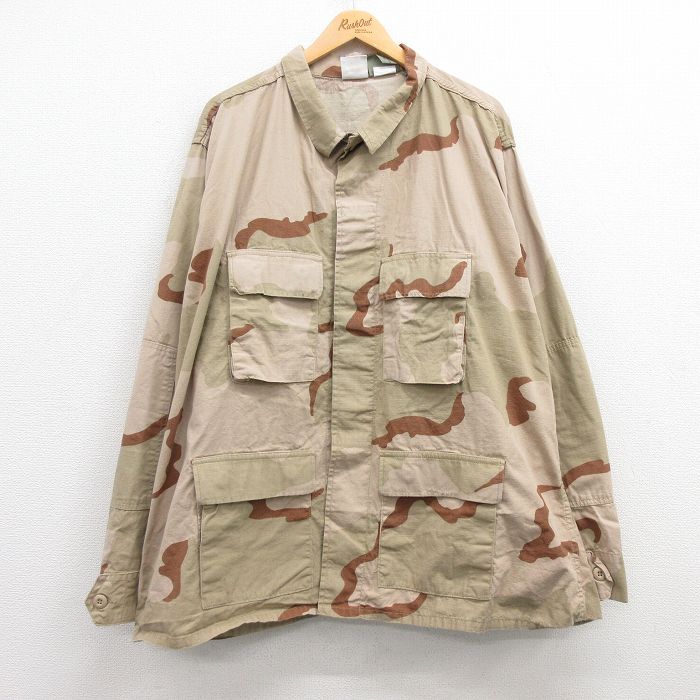 XL★古着 長袖 ミリタリー ジャケット メンズ 90年代 90s コンバット リップストップ デザートカモ 大きいサイズ ロング丈 コットン USA製 ベージュ他 カーキ 迷彩 【spe】 25mar04 中古 アウター フライト