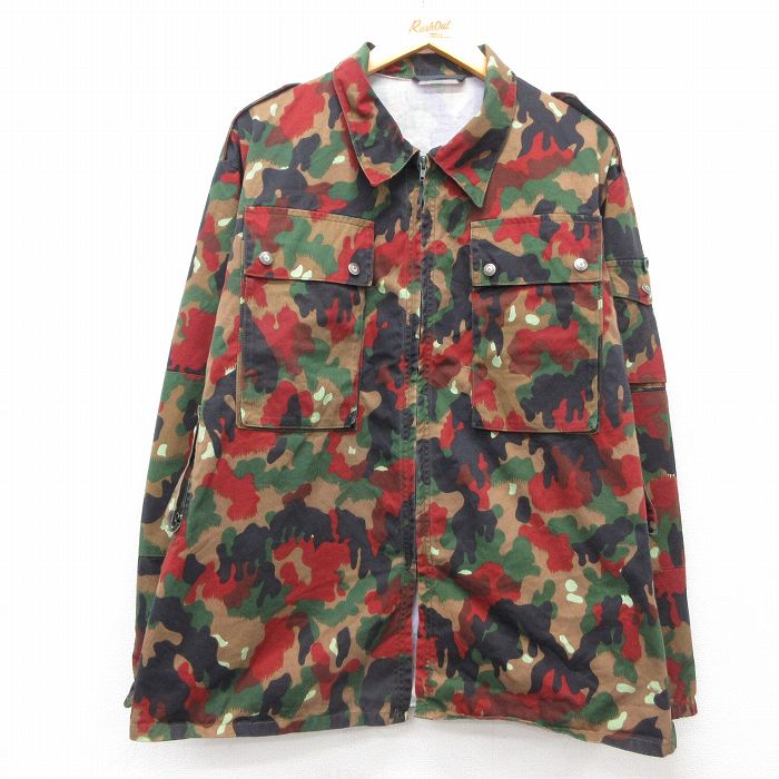 XL★古着 長袖 ミリタリー ジャケット メンズ スイス軍 コットン 茶他 ブラウン 迷彩 25mar06 中古 アウター フライト