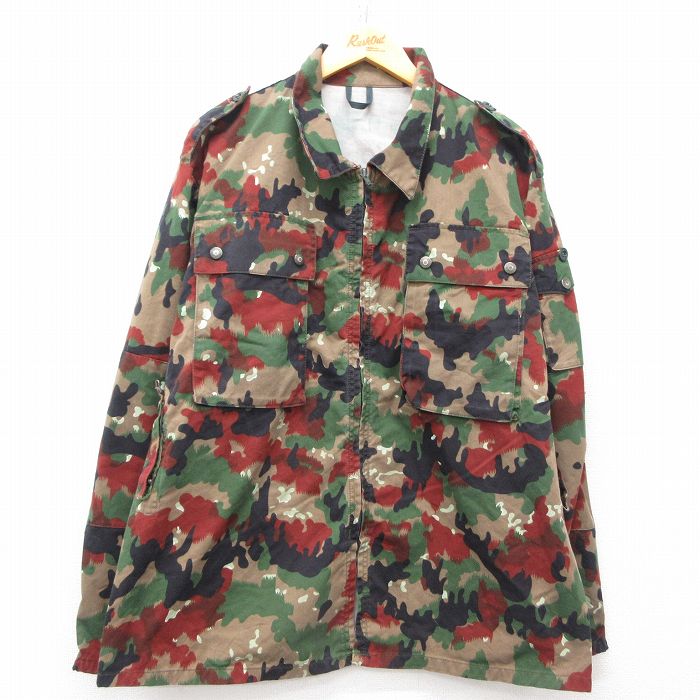 XL★古着 長袖 ミリタリー ジャケット メンズ スイス軍 コットン 茶他 ブラウン 迷彩 25mar06 中古 アウター フライト