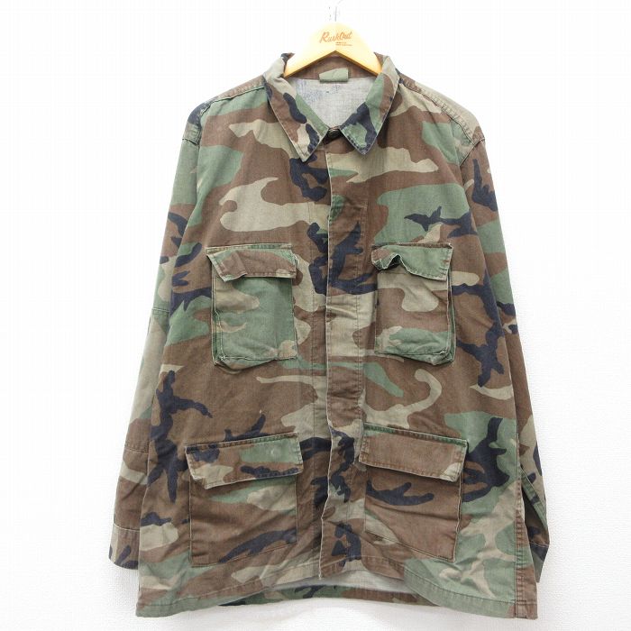XL★古着 長袖 ミリタリー ジャケット メンズ 90年代 90s ウッドランドカモ USA製 茶他 ブラウン 迷彩 25mar06 中古 アウター フライト