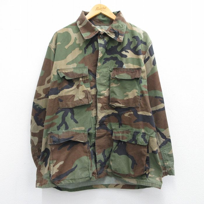 【50%OFF】L★古着 長袖 ミリタリー ジャケット メンズ 80年代 80s コンバット ウッドランドカモ USA製 茶他 ブラウン 迷彩 25mar21 中古 アウター フライト
