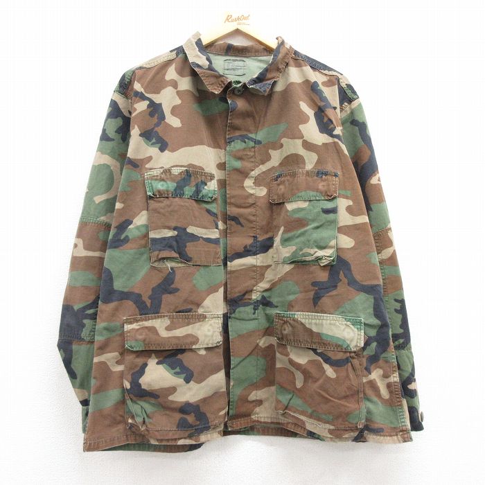 XL★古着 長袖 ミリタリー ジャケット メンズ 80年代 80s コンバット リップストップ ウッドランドカモ 大きいサイズ コットン USA製 緑 グリーン 迷彩 25apr11 中古 アウター フライト